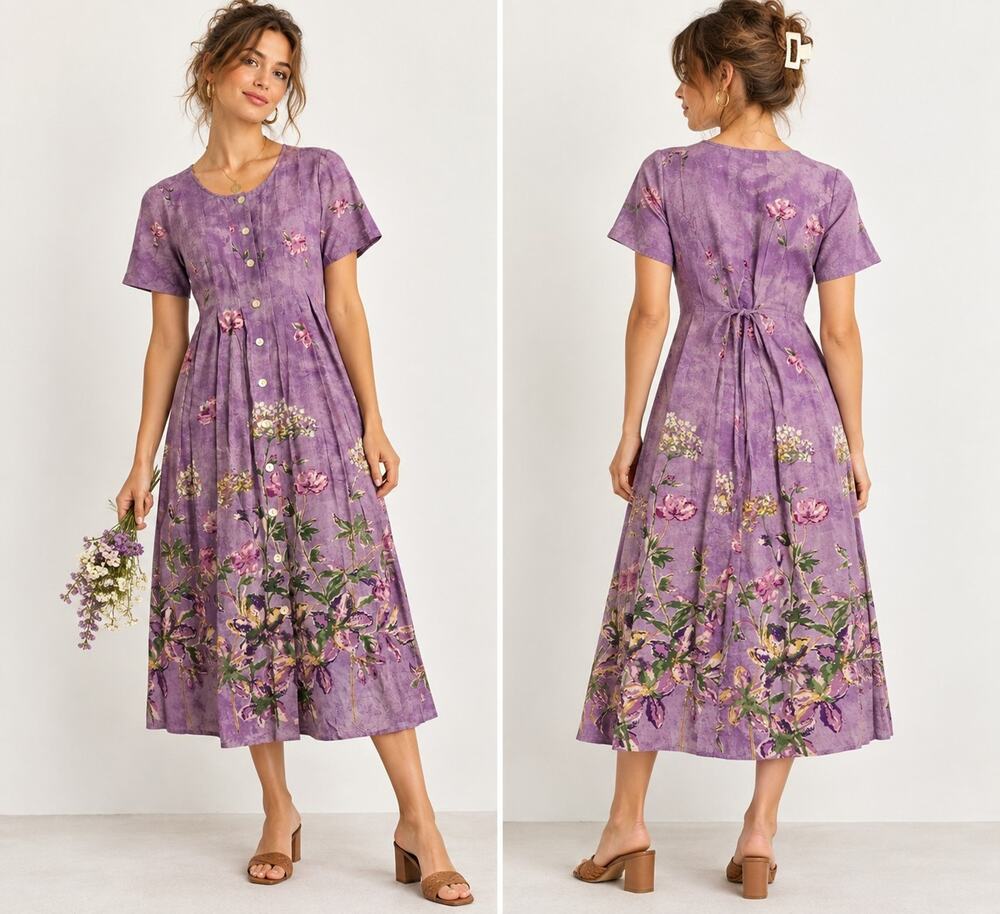 Floral Button Front Cottage Shirt Dress Women M Country Prairie Peasant Tie Back